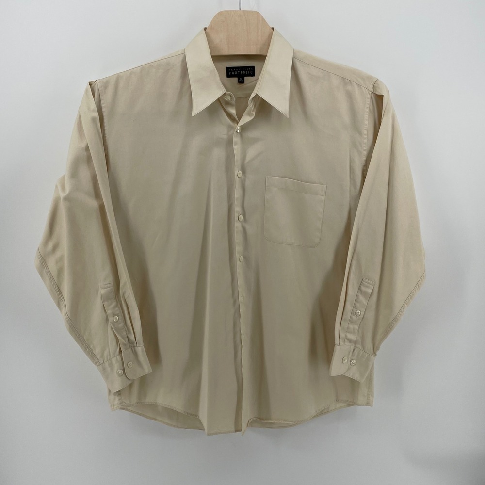 Perry Ellis Portfolio Mens Beige Cotton Button Down Dress Shirt 17 34/35
